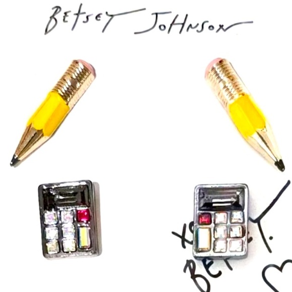 New Betsey Johnson  Pencil & Calculator Stud Earring Set Crystal - Picture 8 of 10